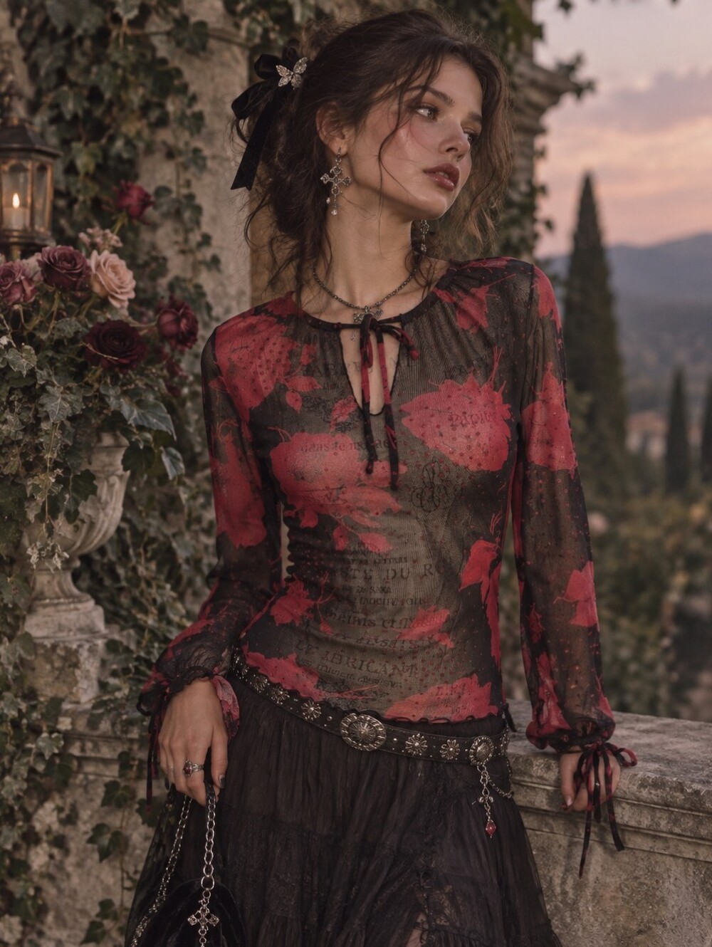 Vintage A Byer Y2K Sheer Floral Top Black‎ Red Glitter Whimsigoth Size Medium